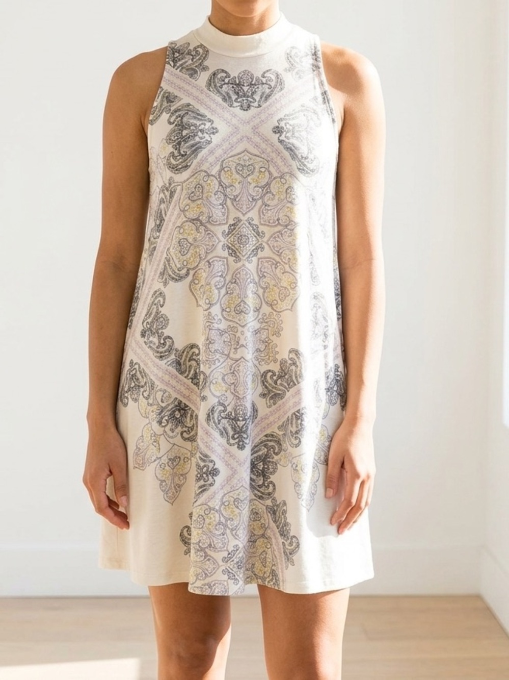 Blu Pepper Cream Paisley Floral High Neck Trapeze Shift Dress Boho Sleeveless XS
